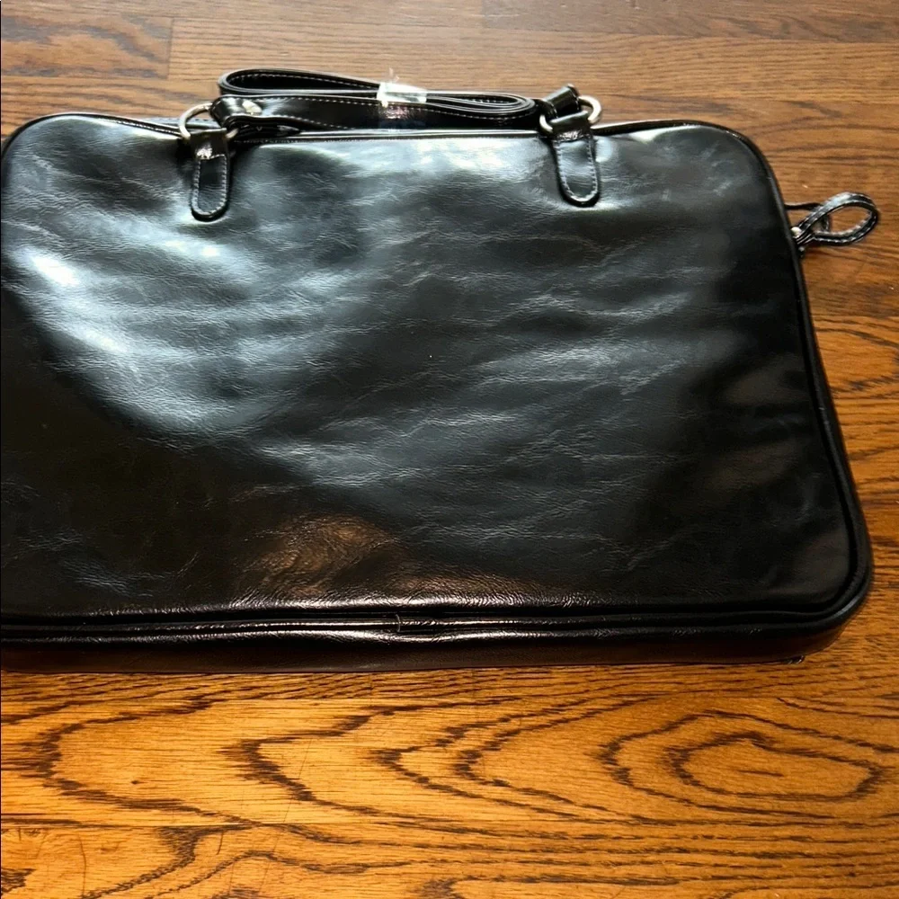 Studio C Black Leather Briefcase with lavender zipper